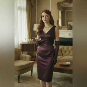 Pinup Couture Satin Wiggle Dress with Rhinestone Buckle, Burgundy, Size S,
EUC